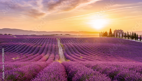 A serene lavender field at sunset with a villa in the background