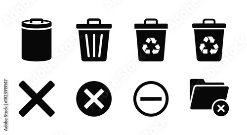 Black and white icons depicting trash cans removal and a file folder