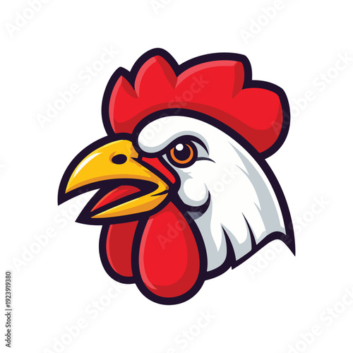 Fierce cartoon rooster head in profile, with bright red comb and wattle, sharp yellow beak, determined eye, on white background, strong vector art