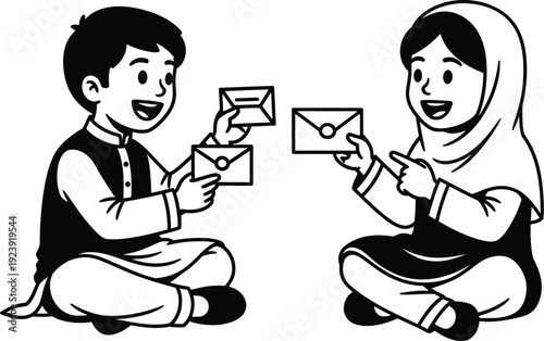 Children exchanging letters with joyful expressions