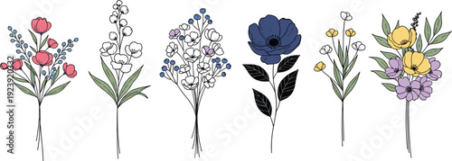 Flat vector illustration set of hand drawn wildflower bouquets and delicate botanical floral elements featuring colorful blossoms and green leaves for elegant nature designs