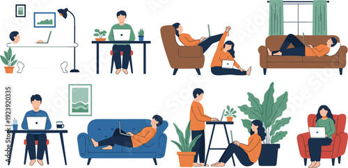 Flat vector illustration set of people working from home on laptops in different poses and comfortable settings like sofa desk and bathtub for remote work lifestyle