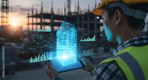 Construction worker using augmented reality tablet displaying building blueprint and data analytics on a construction site at sunset
