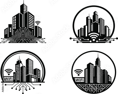 Four Black and White City Skyline with Wi Fi Symbols and Circuit Board