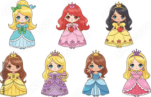 Cute Princess Characters Collection Fairy Tale Girls In Royal Dresses Cartoon Style Vector Illustration Set