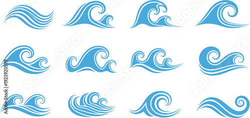 Ocean wave collection, blue water splash set, sea wave vector illustration, marine surfing design, aquatic motion isolated