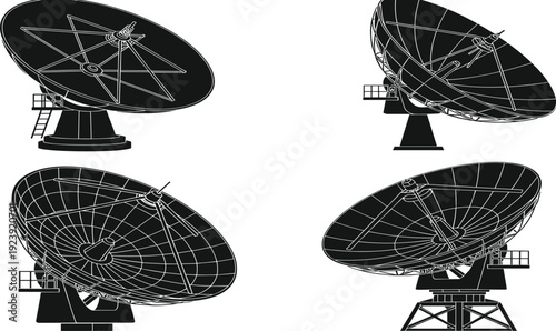 Four black and white satellite dishes with detailed internal structures