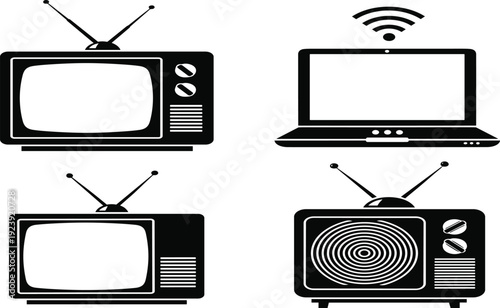 Four black and white T Vs and a laptop with a Wi- Fi symbol