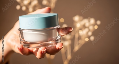 Hand holding a cosmetic jar with soft bokeh background and soft light