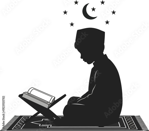 Man praying on prayer mat with Quran under starry sky