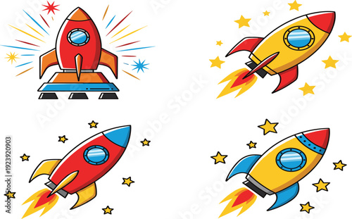 Four colorful cartoon rockets launching with stars and flames