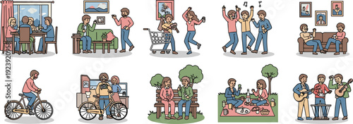 Flat vector illustration set of diverse people engaging in social activities including dining shopping partying cycling picnicking and playing music for lifestyle and community themes