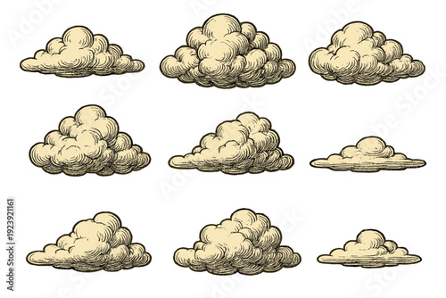 Textured Vintage Clouds Set with Soft Cream and Beige Hues on a Dark Background