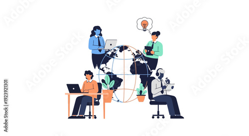Global Remote Team Collaboration: Digital Business Communication, Innovation & Idea Exchange Illustration