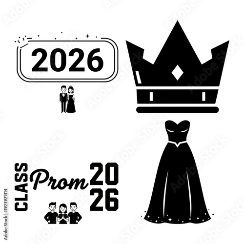 Prom gown and crown typography bundle with elegant dress silhouette and label motif