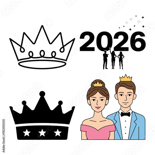 Prom king and queen couple icon set with crowns and class theme