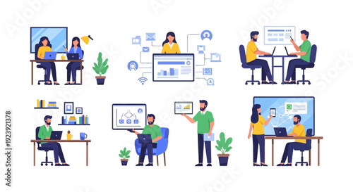 Modern Business Professionals Working on Digital Projects, Collaboration & Data Analysis - Flat Illustration Set