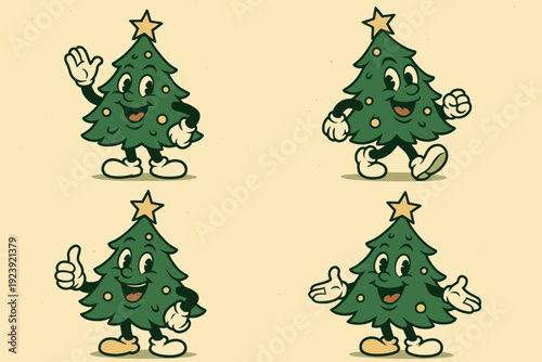 Cheerful Cartoon Christmas Trees with Stars and Joyful Expressions on a Light Background