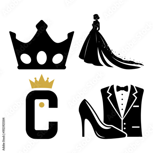Prom queen royalty icon bundle with crown gown heel and tuxedo