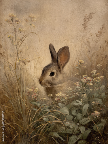 Vintage Cute Easter Bunny in a Moody Meadow Flowers Print