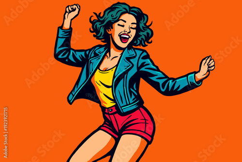 Energetic Young Woman Dancing Joyfully Against a Vibrant Orange Background