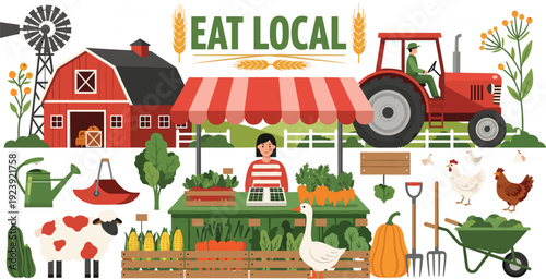 Eat local farmer's market vector illustration set with red barn tractor farm animals vegetables and market stall for sustainable organic agriculture concept