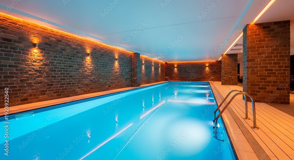 Obraz premium A serene indoor swimming pool with warm lighting and brick walls