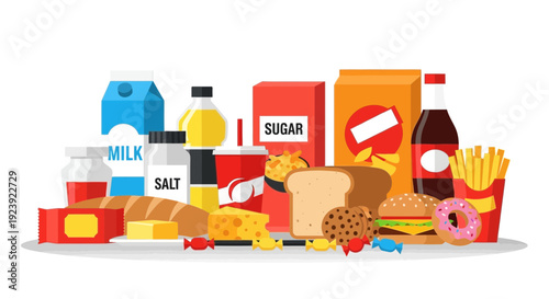 Various Grocery Staples and Unhealthy Fast Food Items on Display