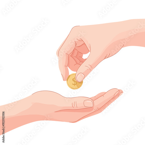 Hand placing coin into another hand for financial transaction  