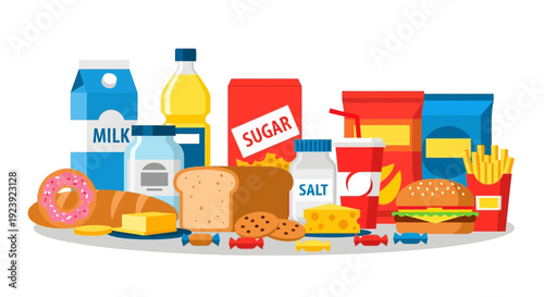 Healthy and Unhealthy Food Groceries Variety Illustration