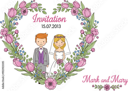 Wedding Invitation Card With Floral Wreath Bride And Groom Vector Illustration