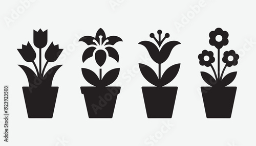 Minimalist black silhouettes of potted flowers and plants