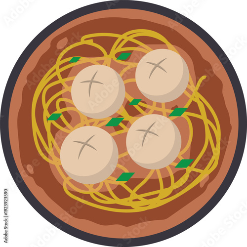 Indonesian Meatball Bakso Soup Bowl with Noodles Top View Flat Illustration Isolated for Culinary Design