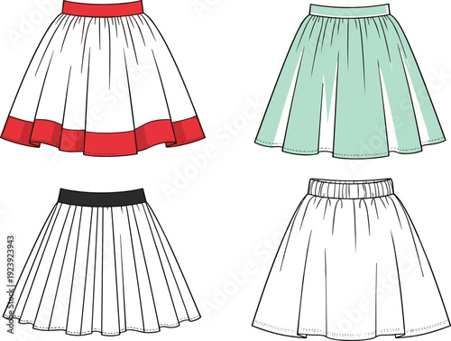 Four Skirts with Different Colors and Waistbands Illustrated