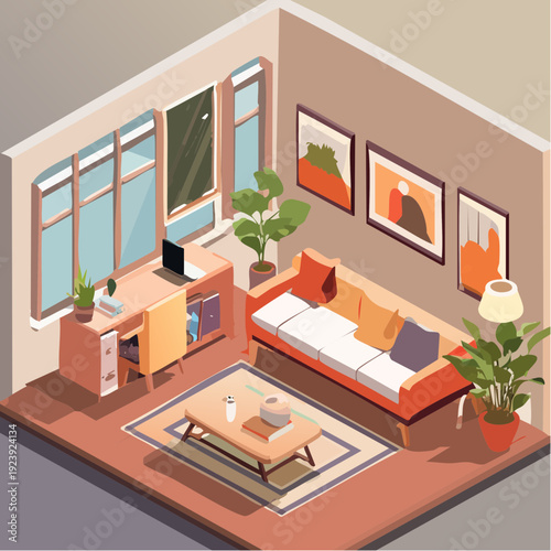 Bureau et salon modernes en vue isométrique avec décoration chaleureuse