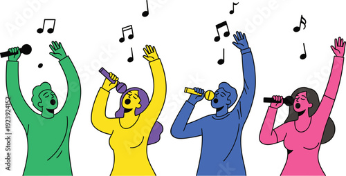 Diverse People Singing with Microphones Music Performance Illustration