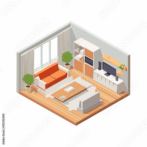 Coin salon moderne en vue isométrique avec canapé et décoration