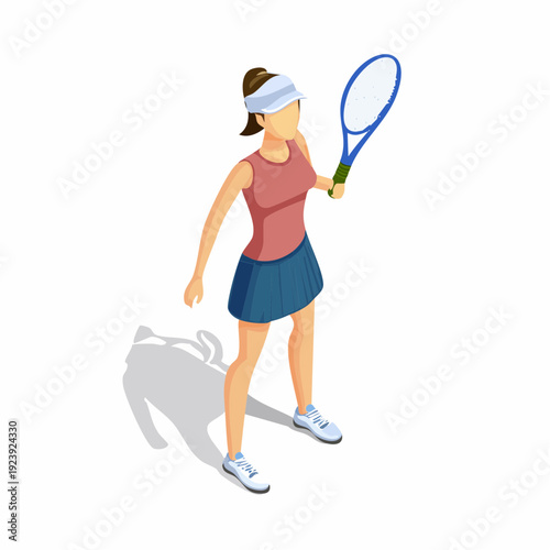 Joueuse de tennis en position prête avec raquette sur fond blanc
