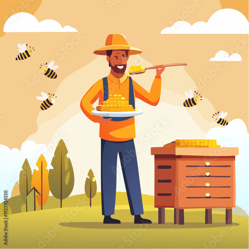 Illustration d’un apiculteur inspectant une ruche en plein air