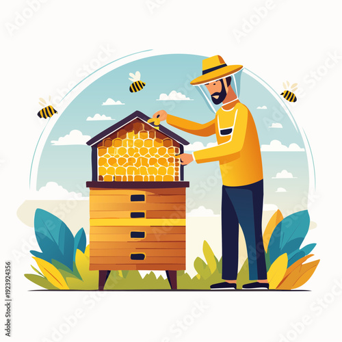 Illustration d’un apiculteur inspectant une ruche en plein air