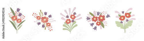 set of different flowers decoration on white background. Plants one line illustration. Wild flowers vector collection. herbs, herbaceous flowering plants. vector illustration.