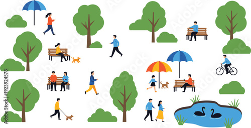 People Relaxing in City Park Collection with Trees, Benches, Pond and Outdoor Activities Vector Illustration Set