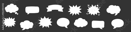 Set of white comic speech bubbles, thought clouds, and explosion shapes on a dark background. Vector design elements for messaging and communication