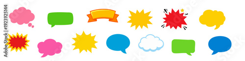 A vibrant collection of comic speech bubbles, thought clouds, explosion stickers, and ribbon banners in various colors on a white background.