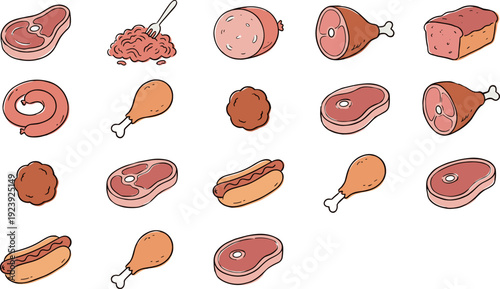 Meat collection vector illustration, beef steak sausage chicken ham cartoon food set isolated butcher design bundle pack