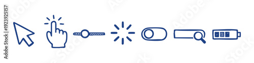 Hand-drawn set of UI icons including cursor, click hand, slider, loading, toggle, search bar, and battery. Minimalist doodle style on white