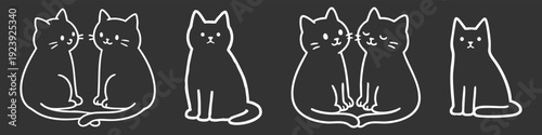 Cute cat vector line art set with minimalist white outlines of sitting and paired cats on a dark background. Perfect for icons, logos, and stickers.