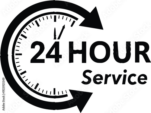Round black twenty four hour service badge with clock face and arrows for customer support and fast delivery,