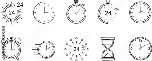Collection of clock and time line icons featuring stopwatches alarm clocks hourglasses and twenty four hour service symbols,