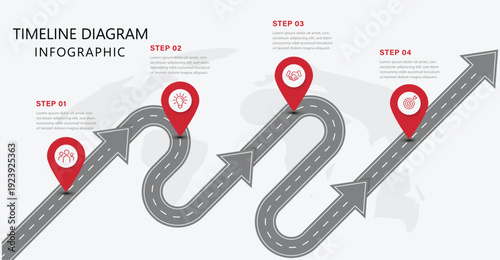 Business roadmap infographic design with 4 steps. Top view on road map. Modern diagram process technology digital marketing data presentation chart. Vector EPS 10 